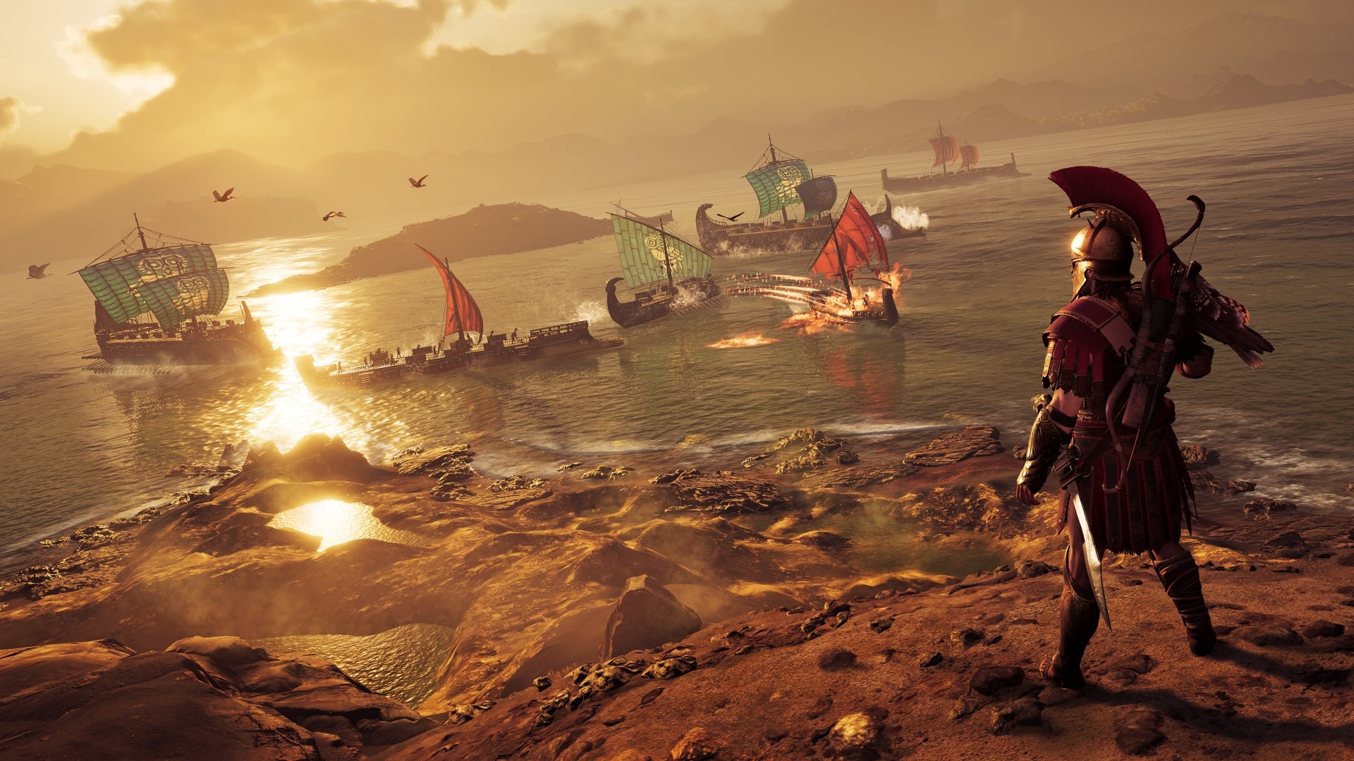 Assassin's Creed Odyssey naval battle at sunset HD Wallpaper