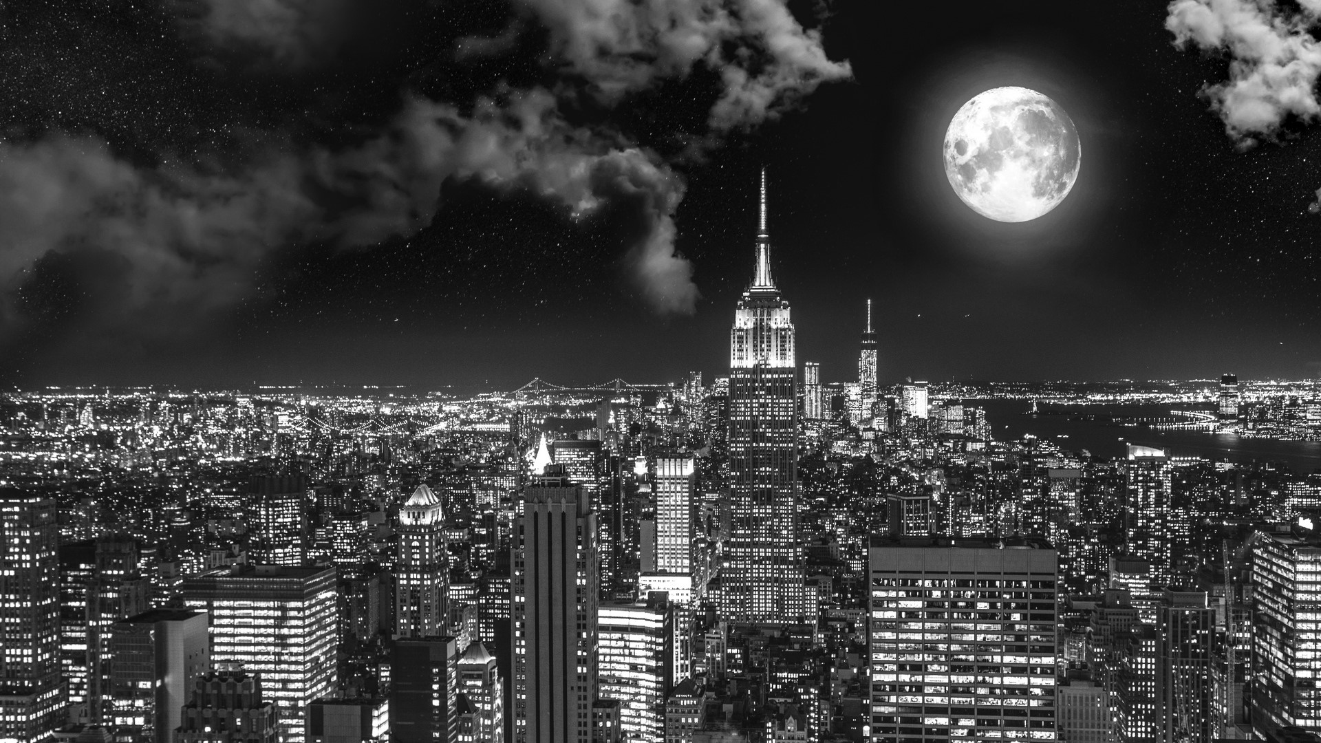 New York City Skyline at Night with Full Moon HD Wallpaper