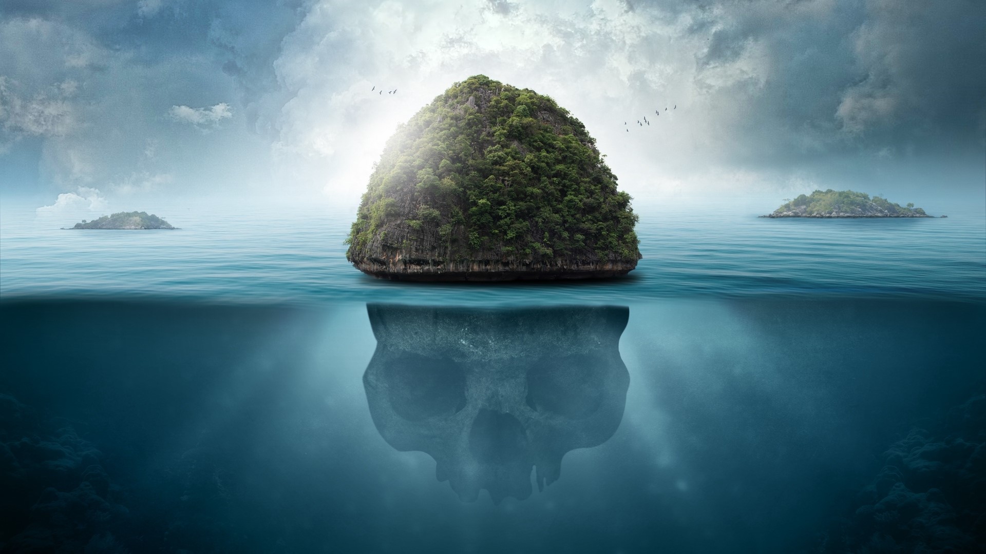 Island with skull iceberg in the ocean HD Wallpaper
