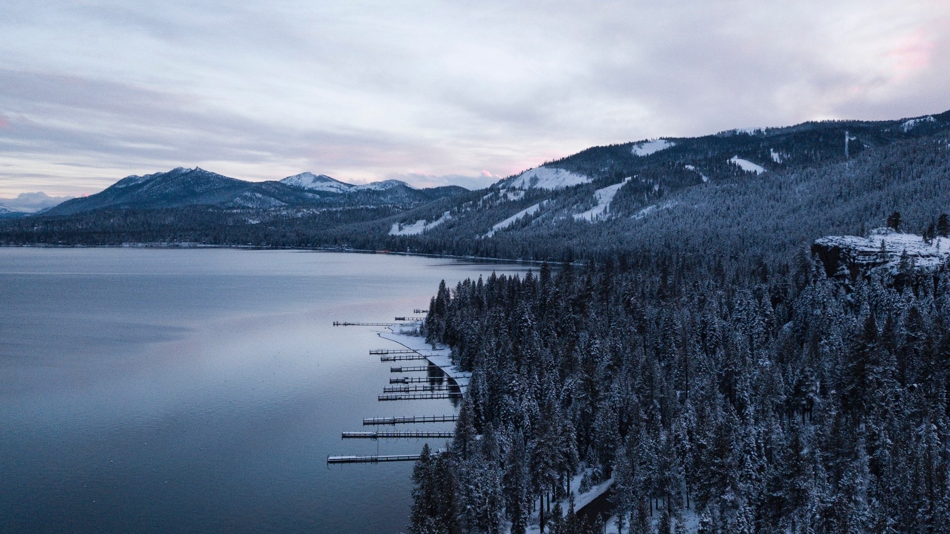 Snowy Mountains and Lake with Docks HD Wallpaper