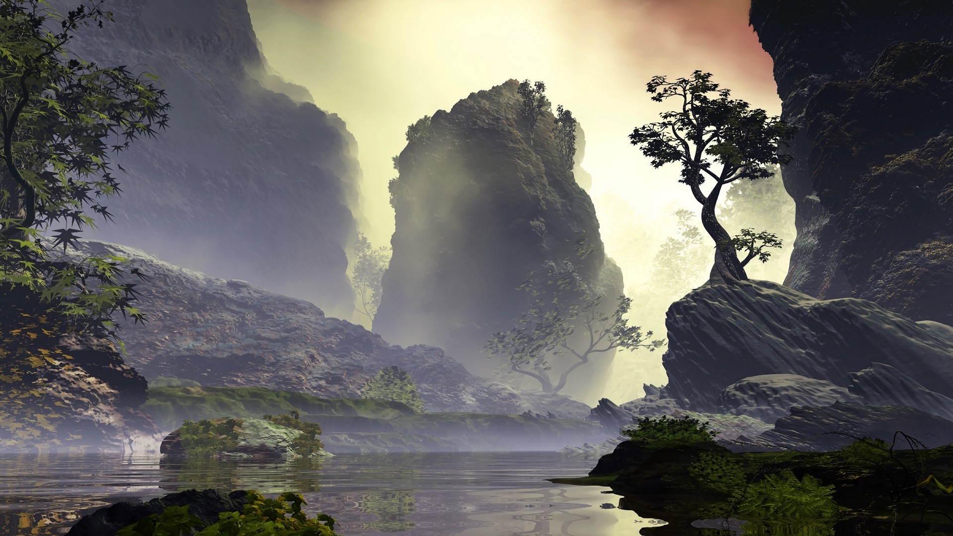 Misty mountains and a tranquil lake HD Wallpaper