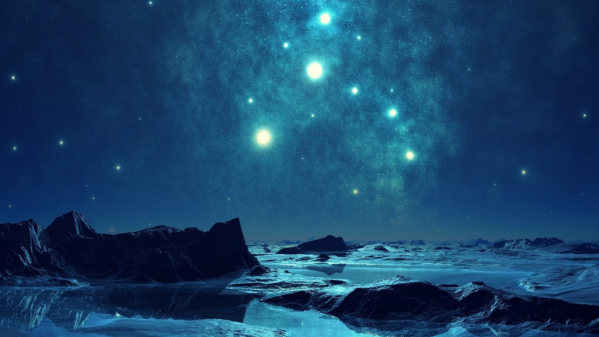 Starry night over icy landscape HD Wallpaper
