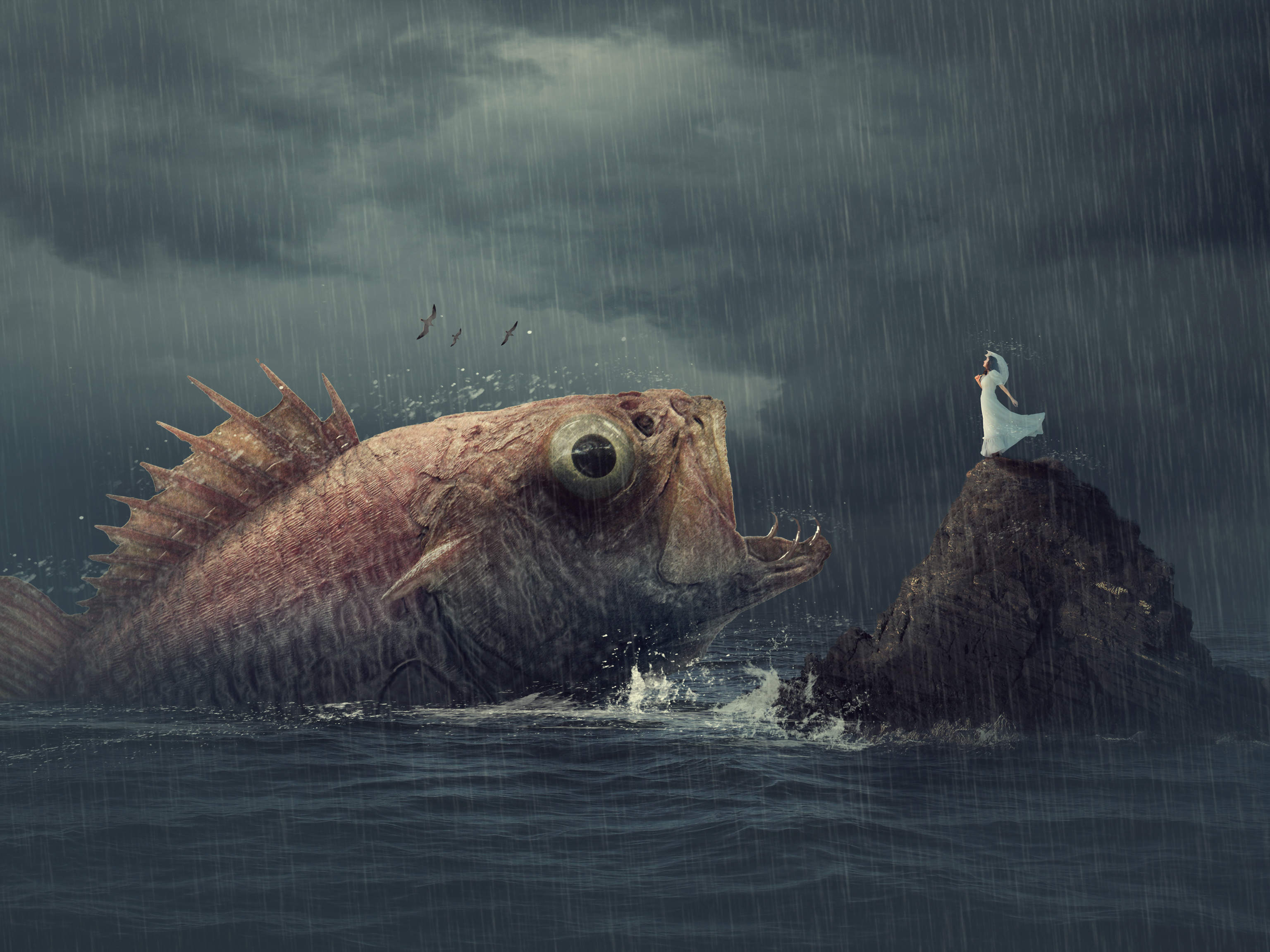 Giant fish attacking a woman on rocks in the rain HD Wallpaper