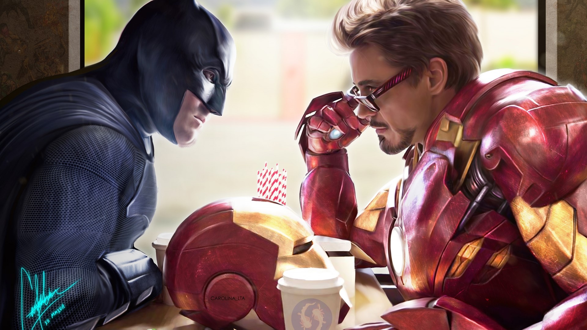 Batman and Iron Man at a coffee shop HD Wallpaper