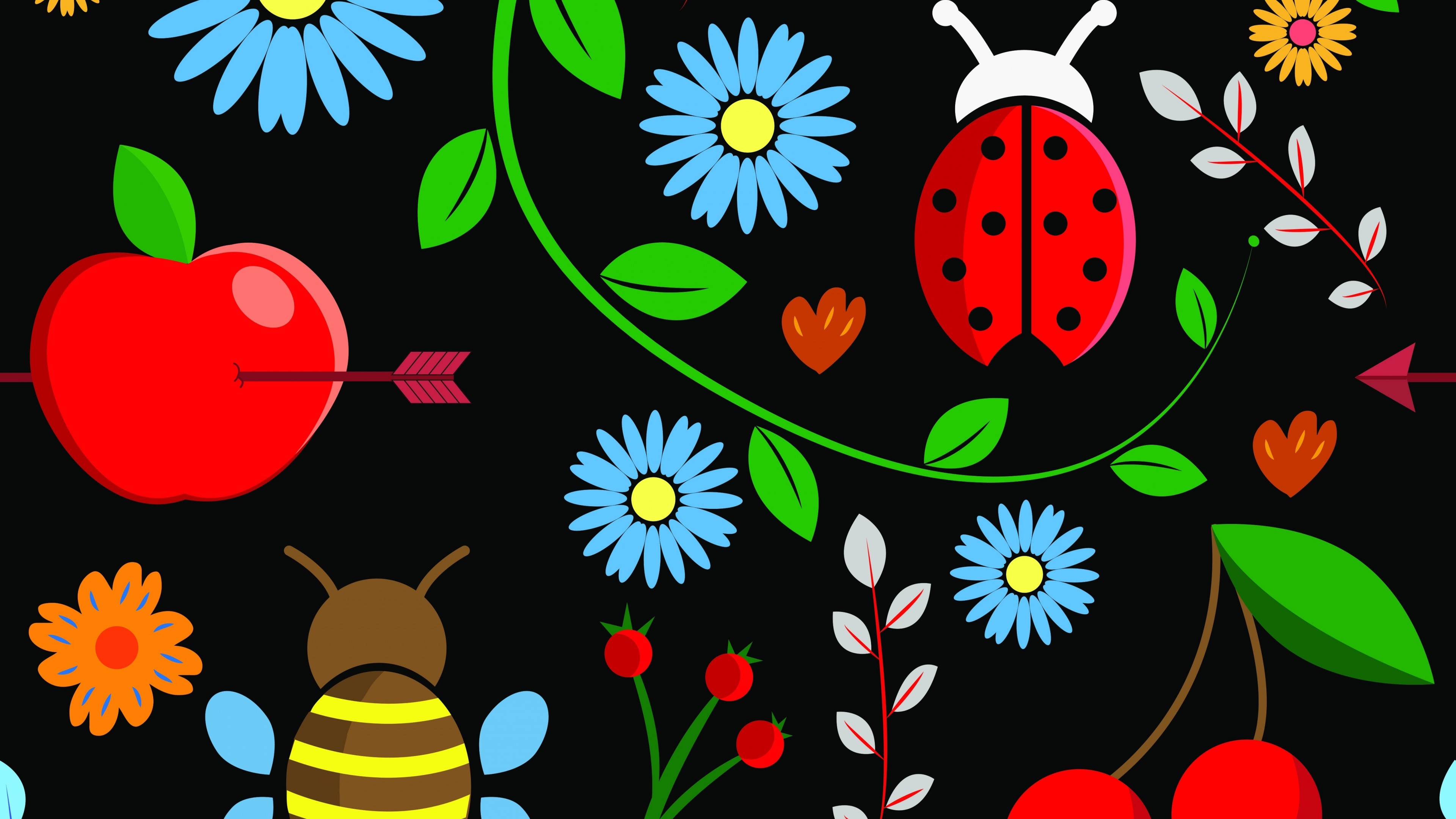 4K Vector Graphics with Apple, Bee, and Ladybug HD Wallpaper