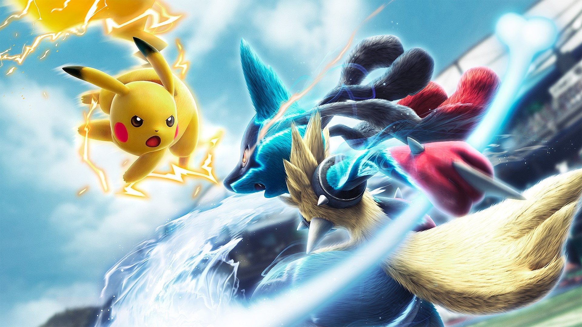 Pikachu and Lucario battling HD Wallpaper
