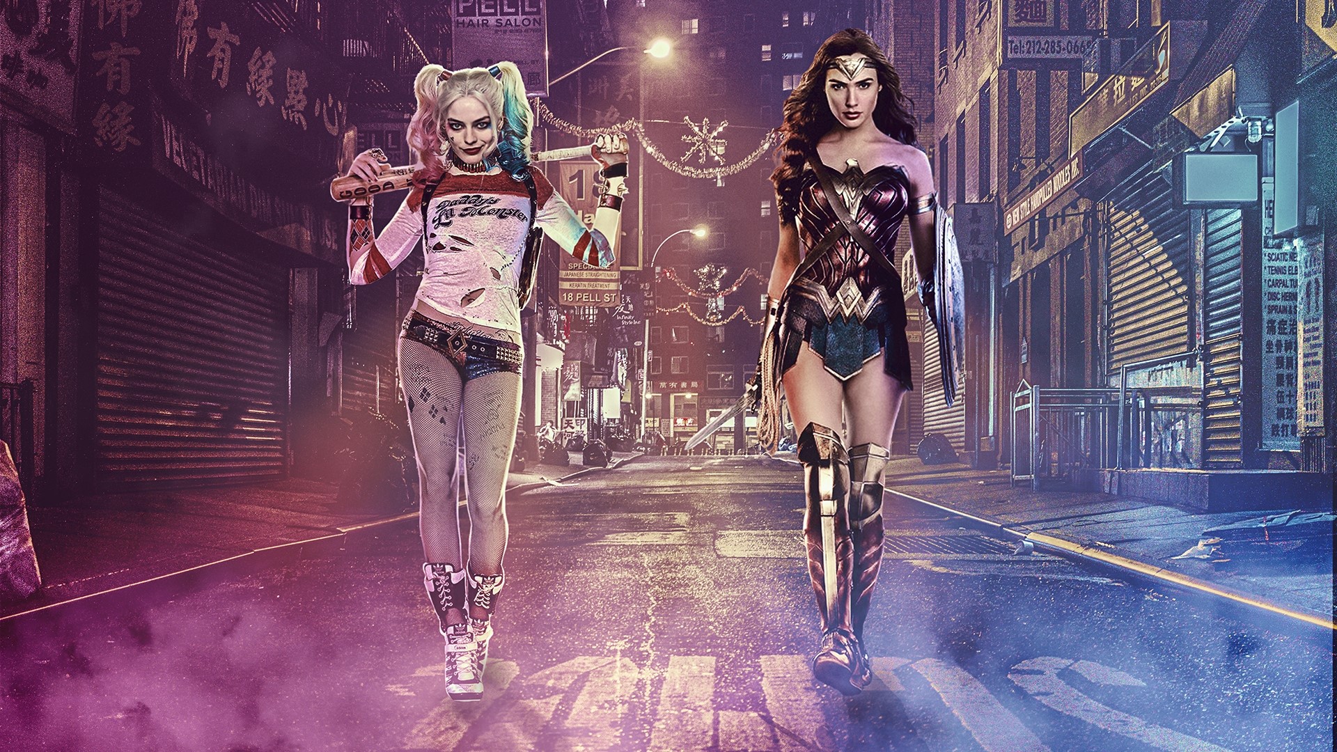 Harley Quinn and Wonder Woman in a city street HD Wallpaper