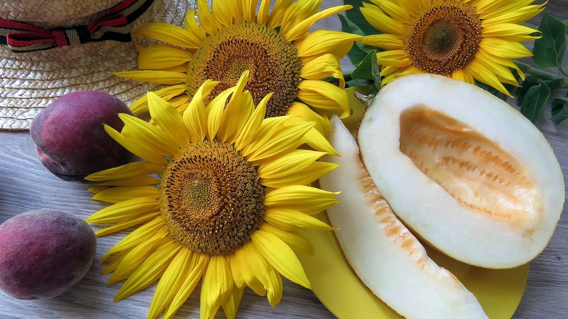 Still life with sunflowers, peaches, and melon HD Wallpaper