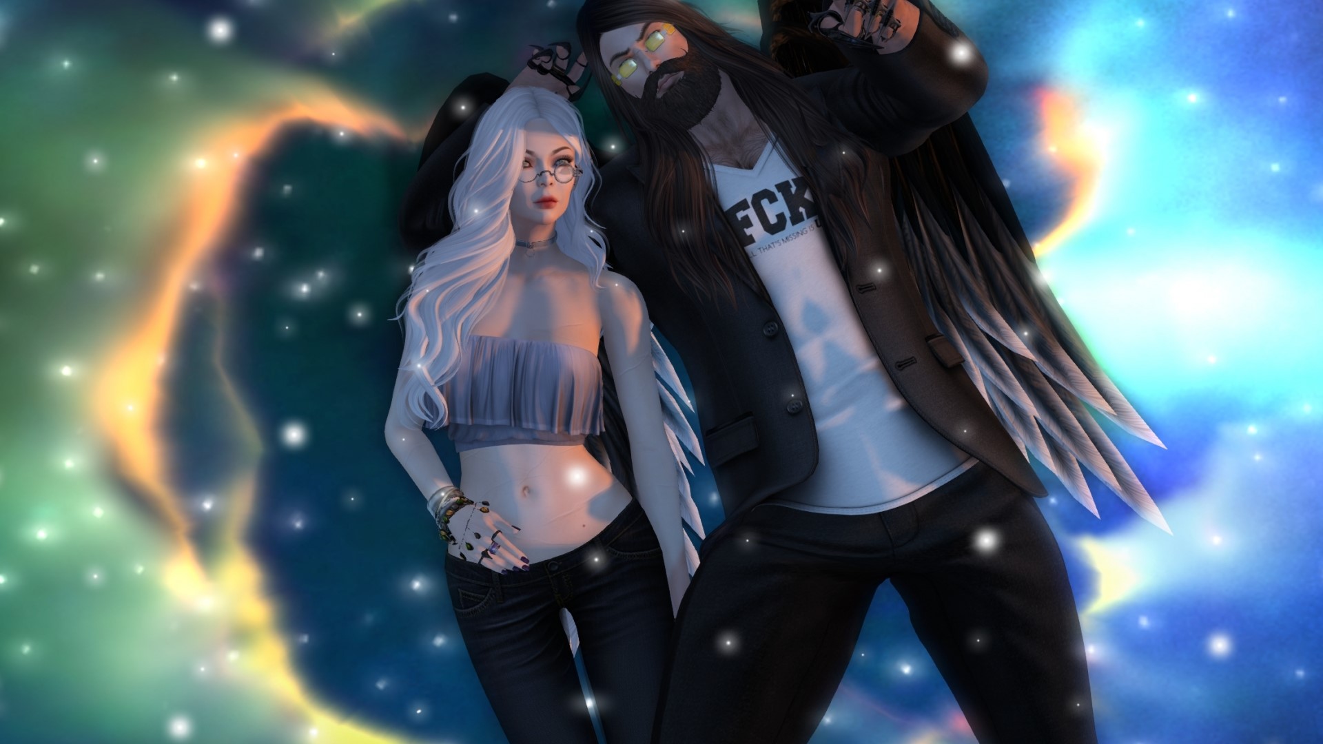 Fantasy couple with wings in a nebula HD Wallpaper