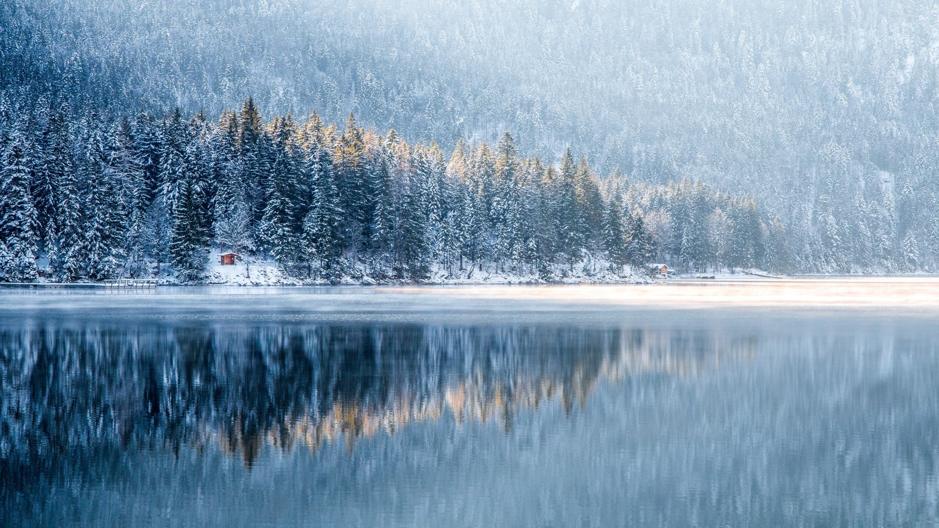 Winter lake with snow-covered forest and reflection HD Wallpaper