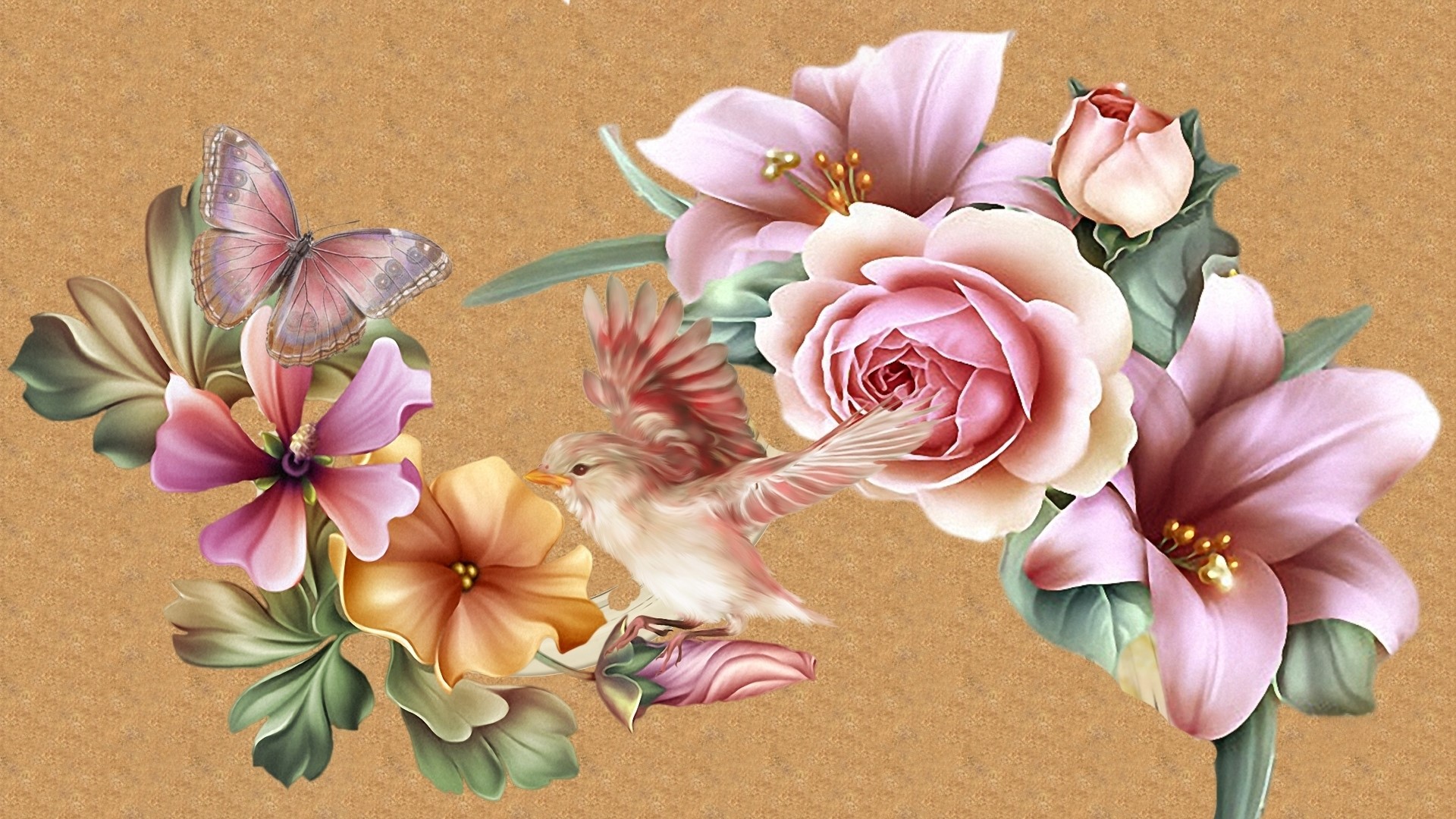 Butterfly and bird with flowers HD Wallpaper