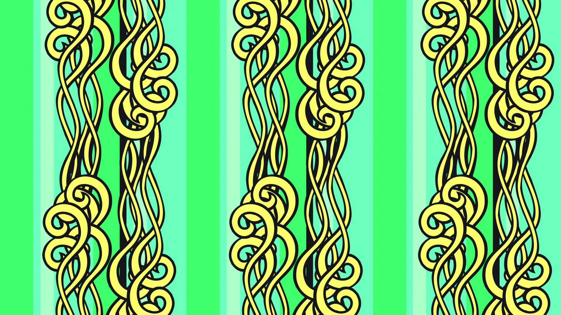 Yellow swirling vines on green striped background HD Wallpaper