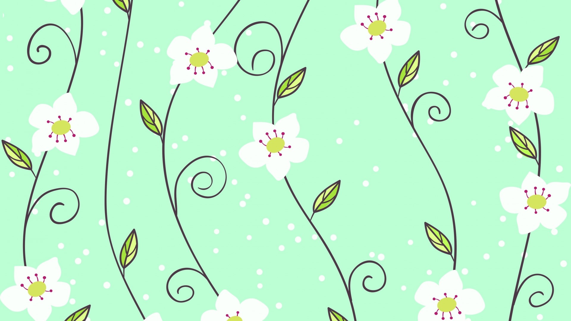 White flowers with green leaves on a light green background HD Wallpaper