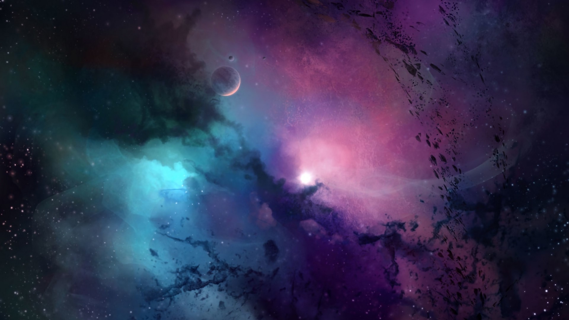 Cosmic Nebula with Planets and Stars HD Wallpaper