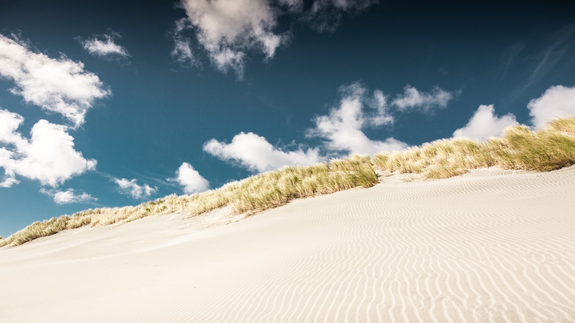 Sand dunes with grass and blue sky HD Wallpaper