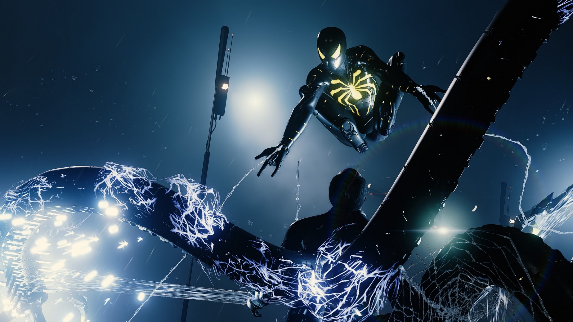 Spider-Man in Black Suit Fighting with Electric Tentacles HD Wallpaper