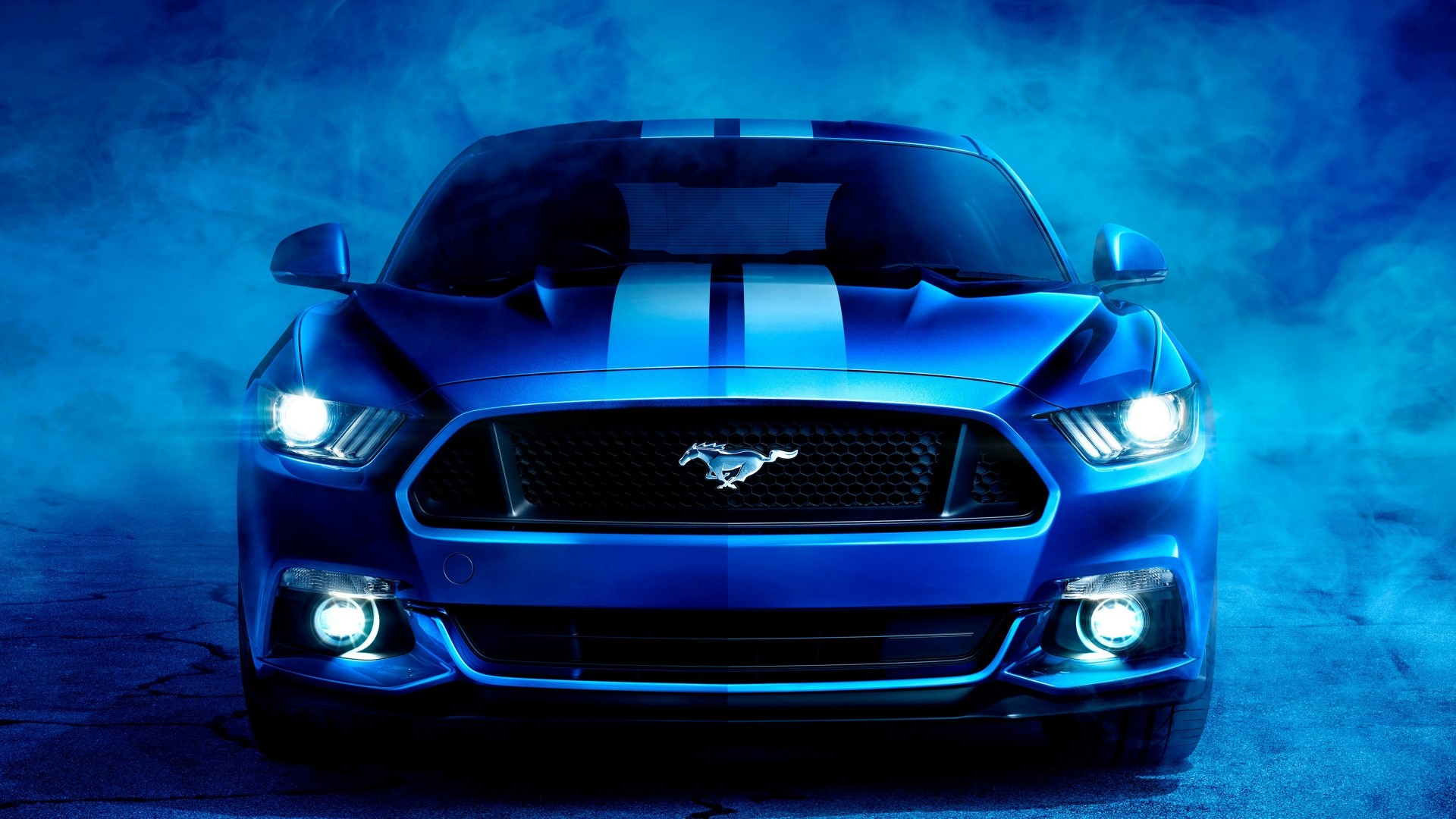 Blue Ford Mustang with racing stripes HD Wallpaper