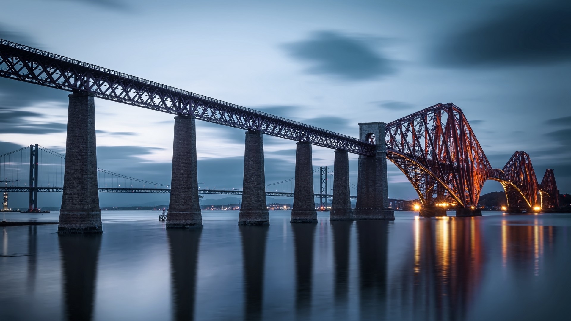 Forth Bridge and Forth Road Bridge at dusk HD Wallpaper