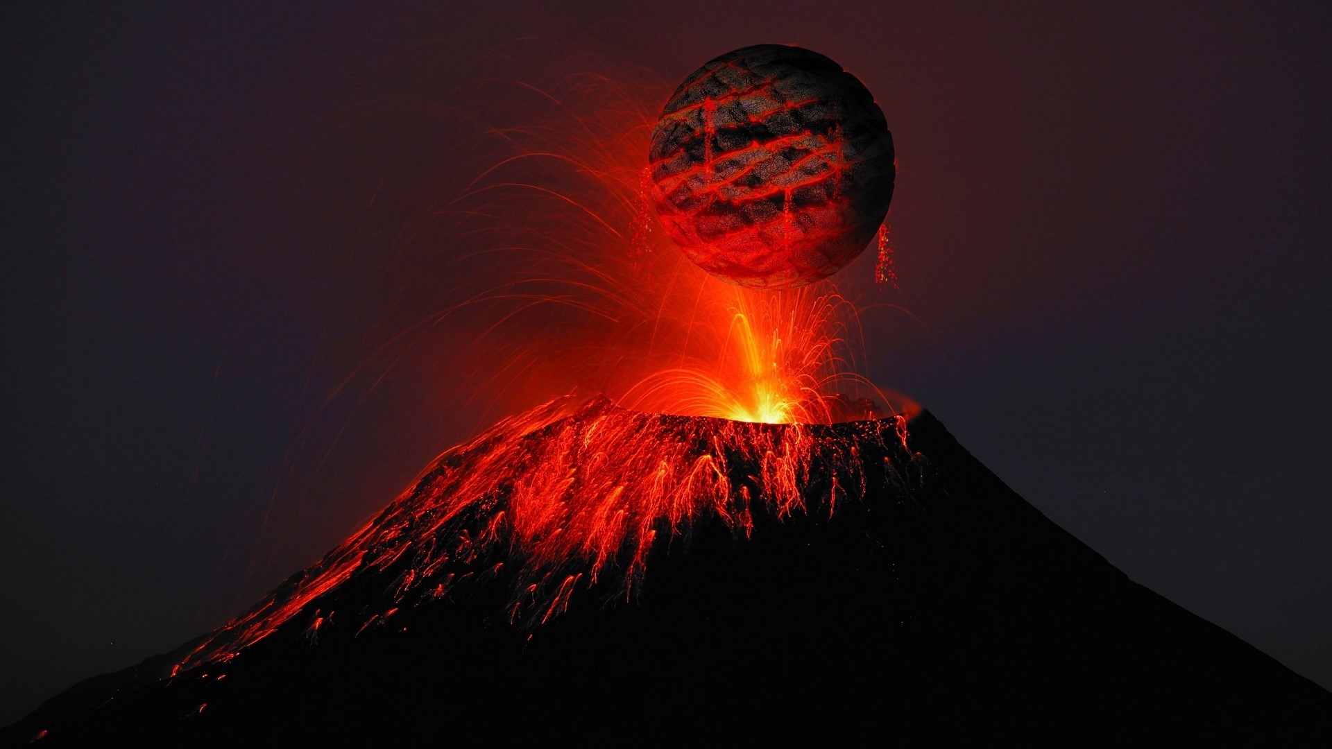 Volcano erupting with a fiery planet overhead HD Wallpaper