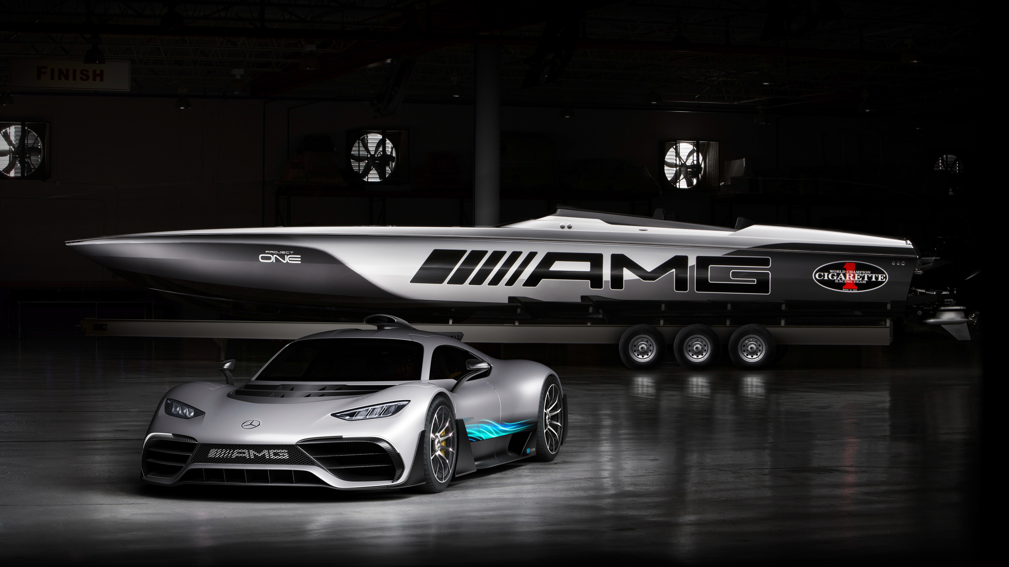 4K Mercedes-AMG Project One Hybrid Supercar and Boat HD Wallpaper