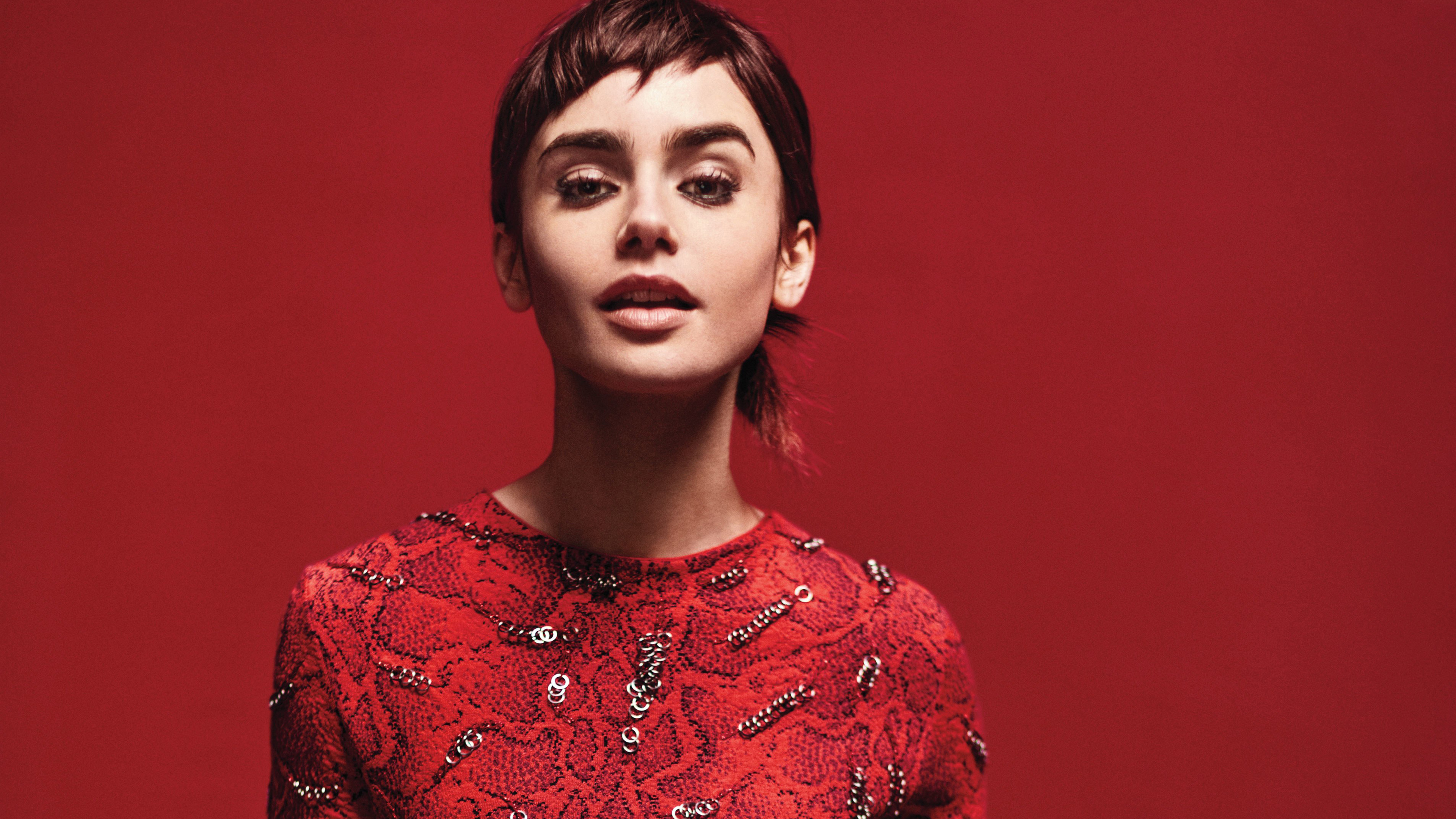 Lily Collins in Red Dress HD Wallpaper