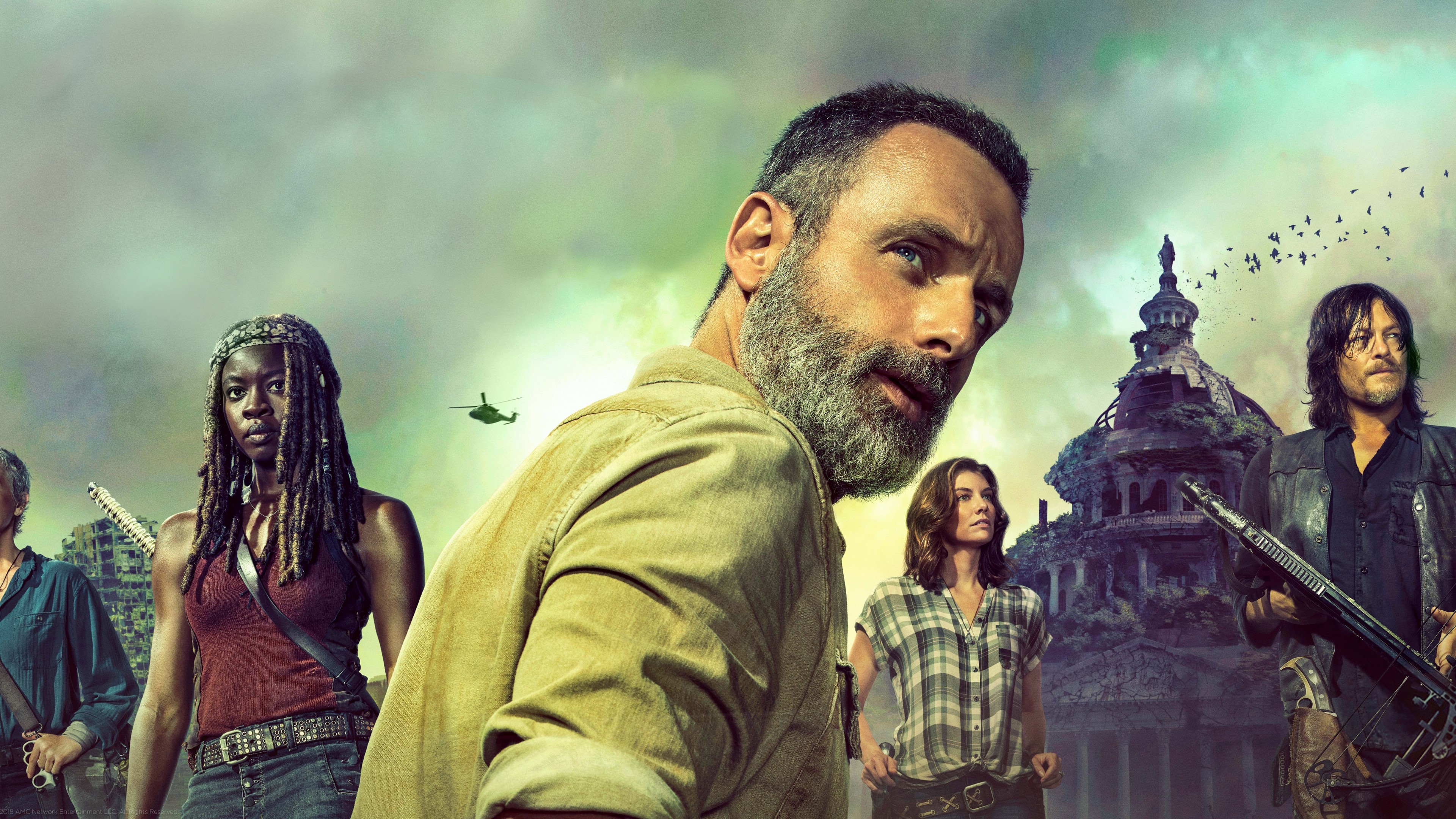 4K The Walking Dead characters with helicopter and building HD Wallpaper