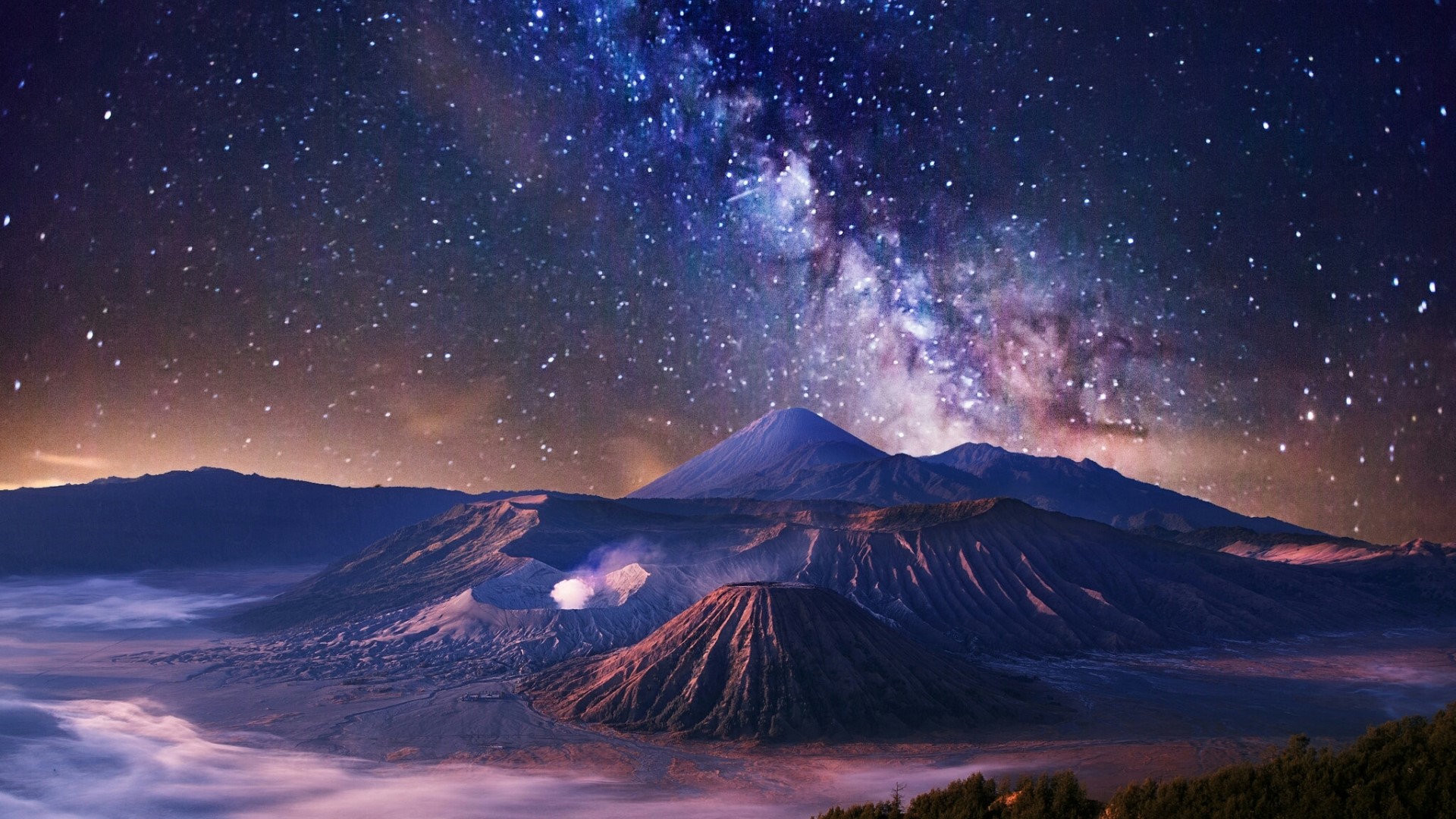 Volcanoes under the Milky Way HD Wallpaper