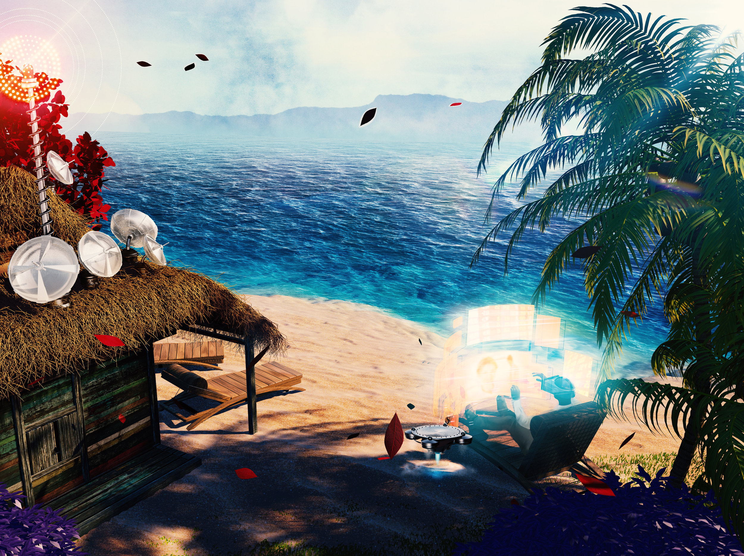 Sci-Fi Beach Hut with Holographic Interface HD Wallpaper