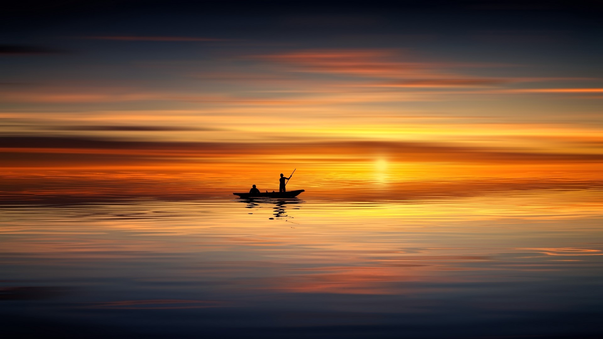 Two people in a boat on the water at sunset HD Wallpaper