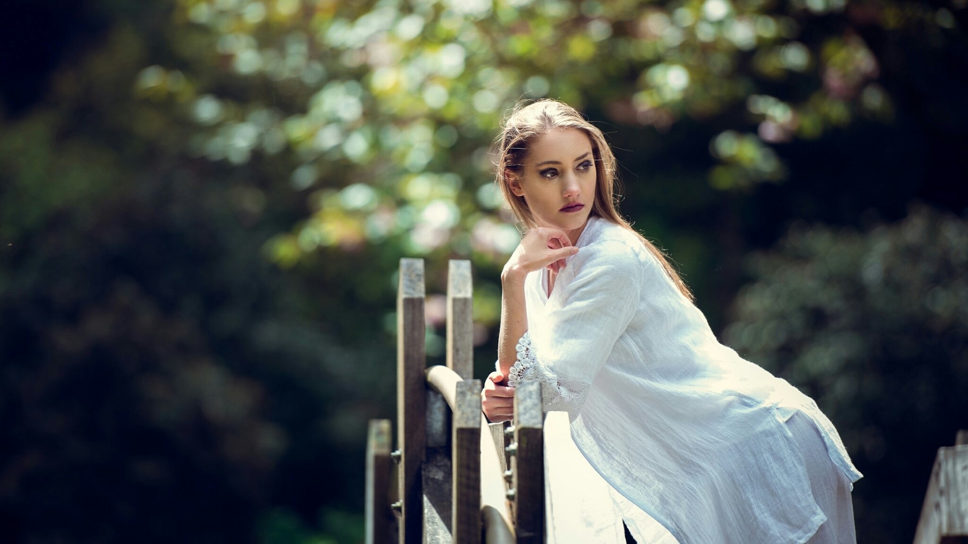 Woman in white dress on a wooden bridge HD Wallpaper