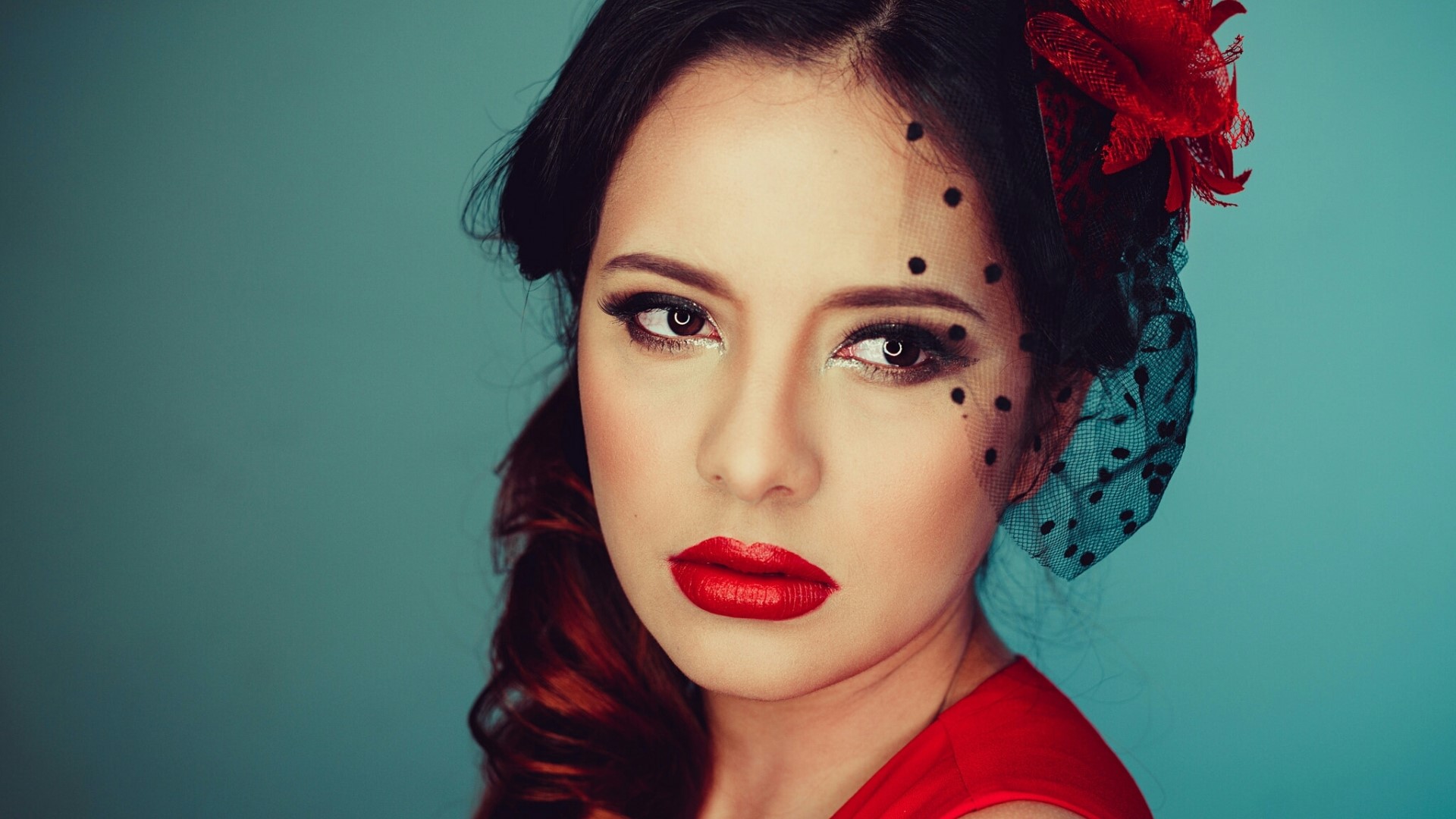 Woman with red flower and veil HD Wallpaper