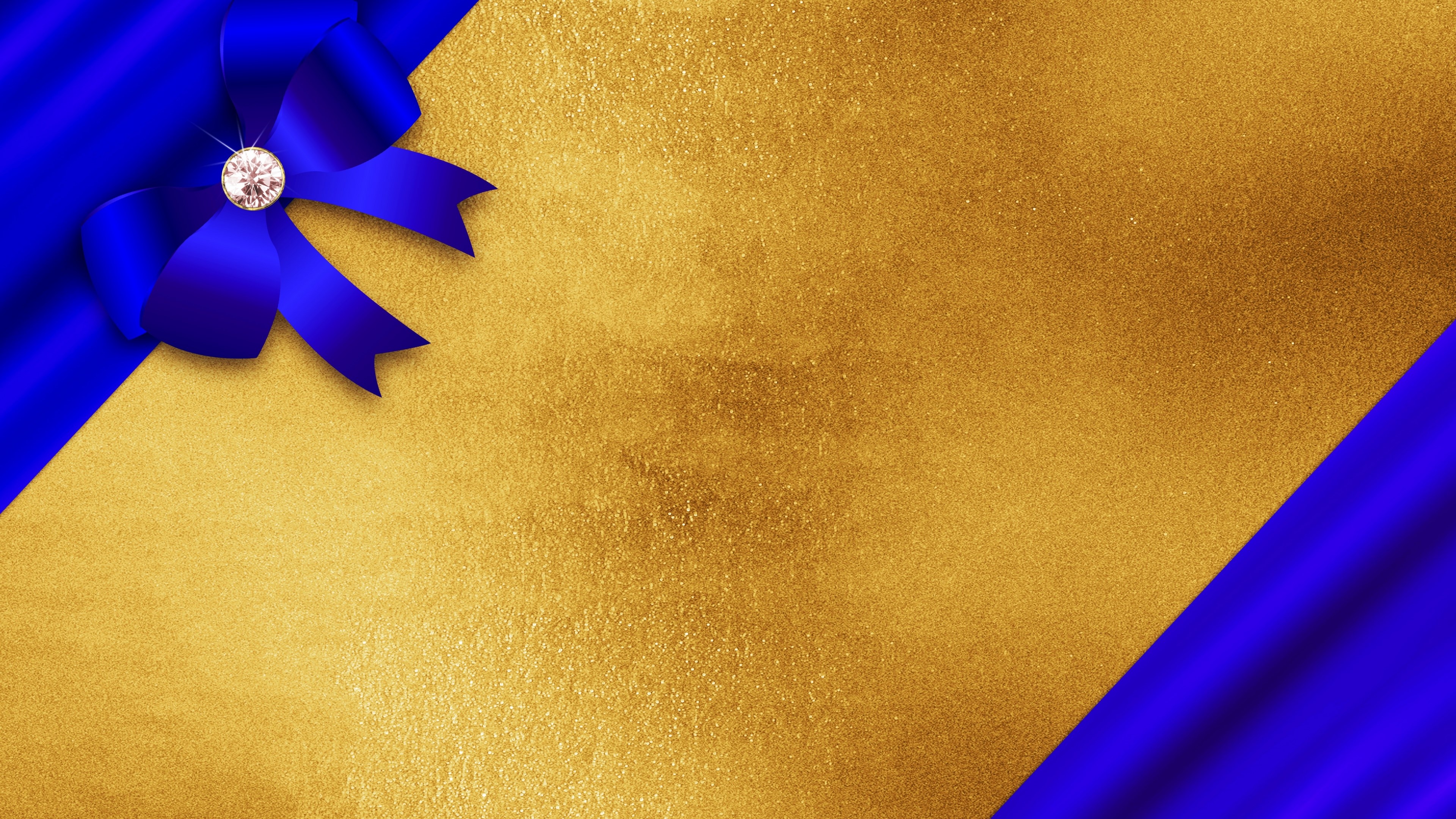 4K Blue Ribbon with Diamond on Gold Texture HD Wallpaper