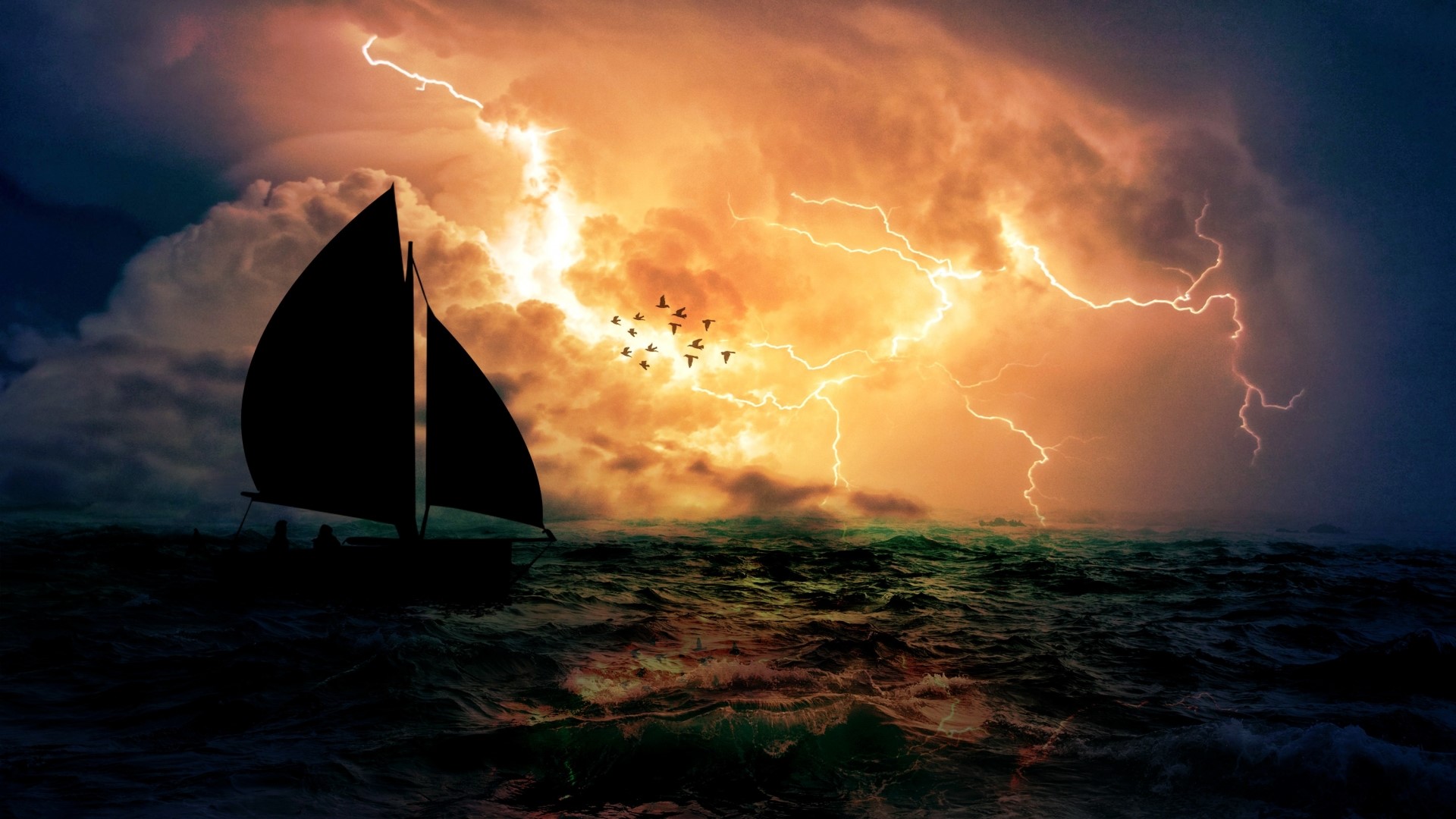 Sailboat in a stormy sea with lightning HD Wallpaper