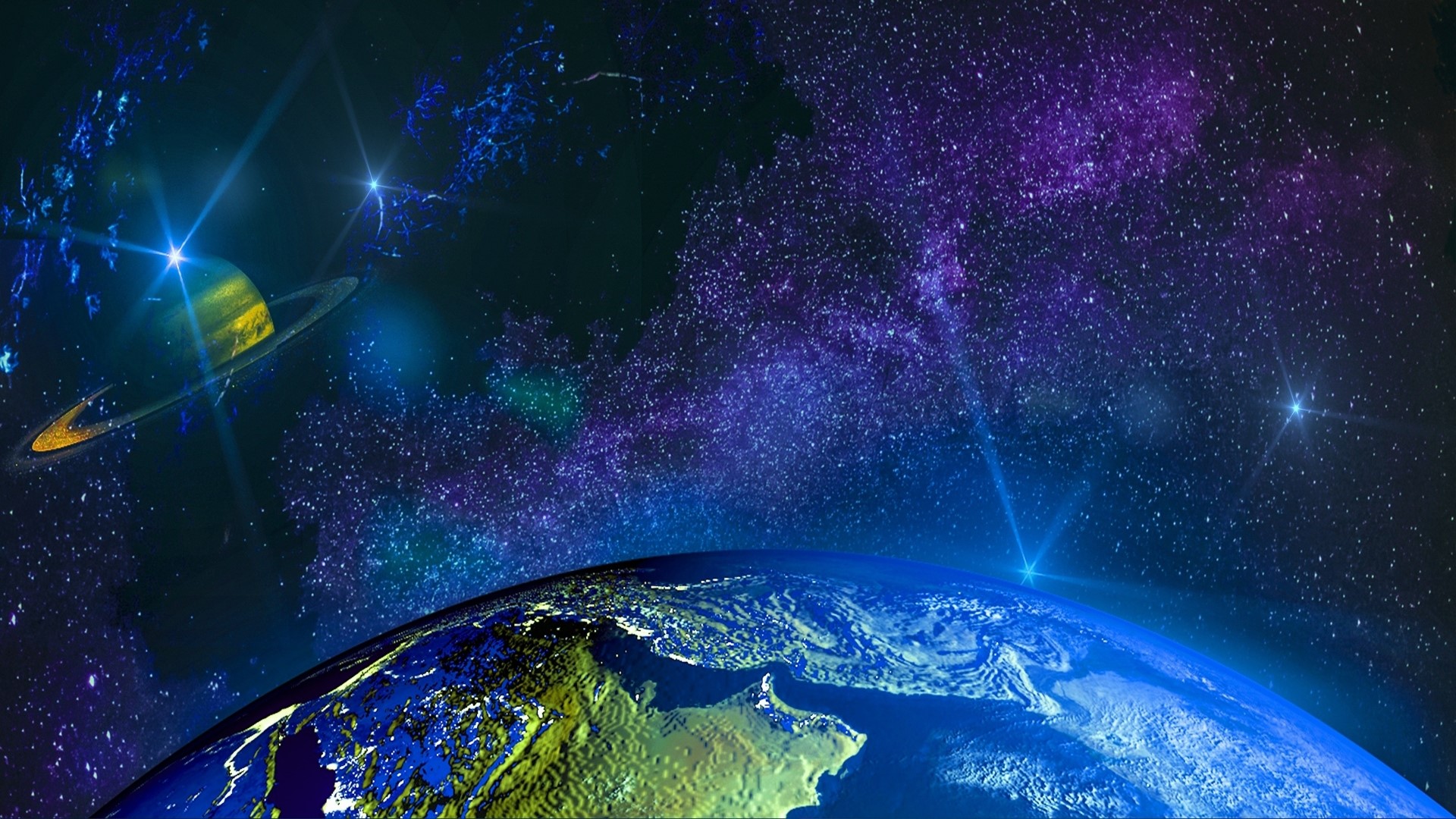 Earth and Ringed Planet in Nebula HD Wallpaper