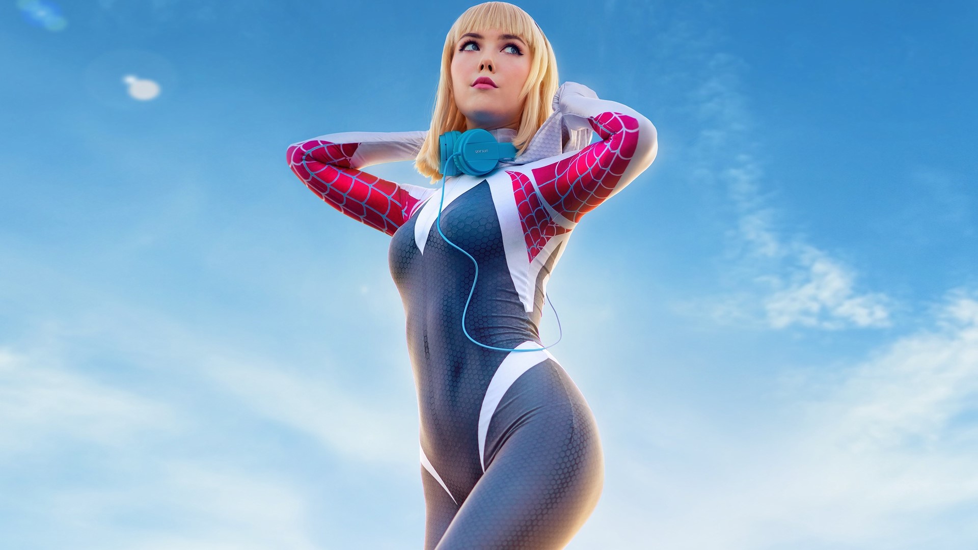 Spider-Gwen Cosplay with Headphones HD Wallpaper