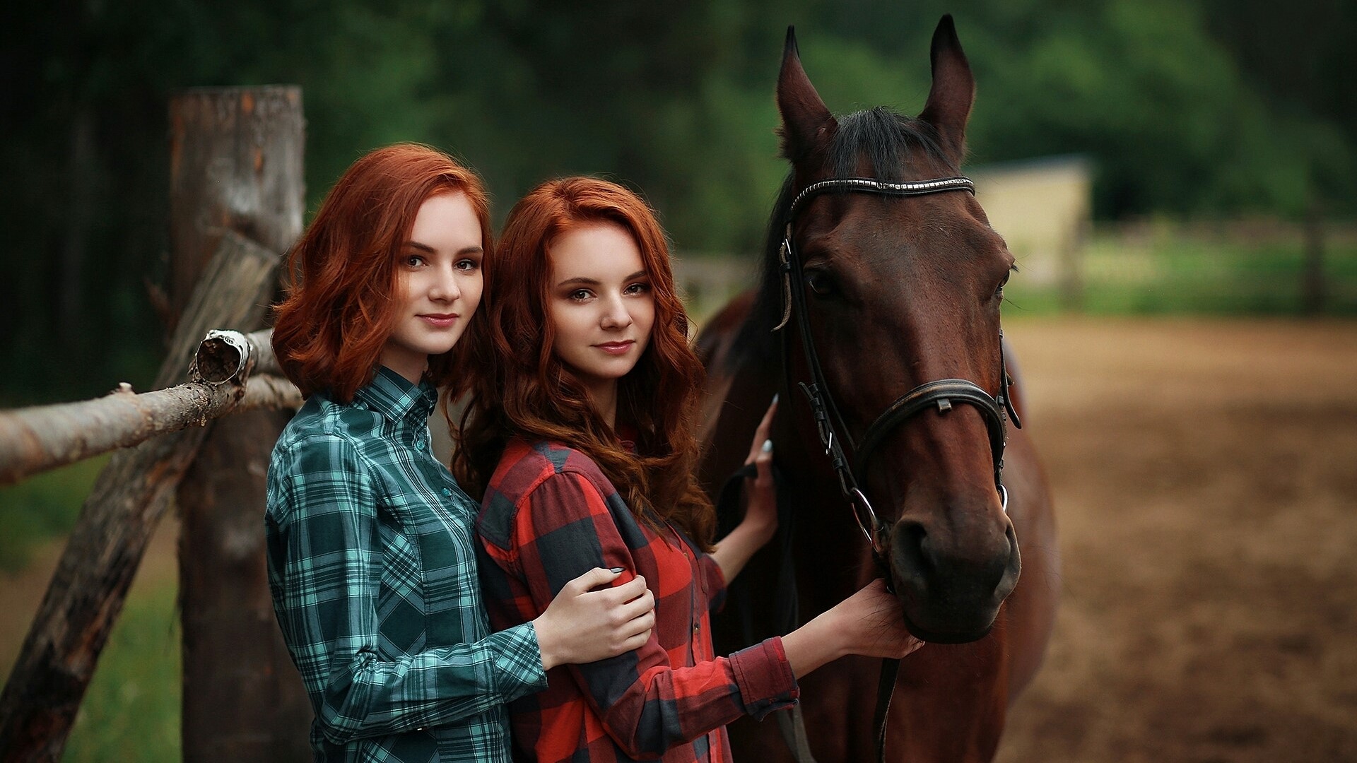 Two red-haired girls with a horse HD Wallpaper