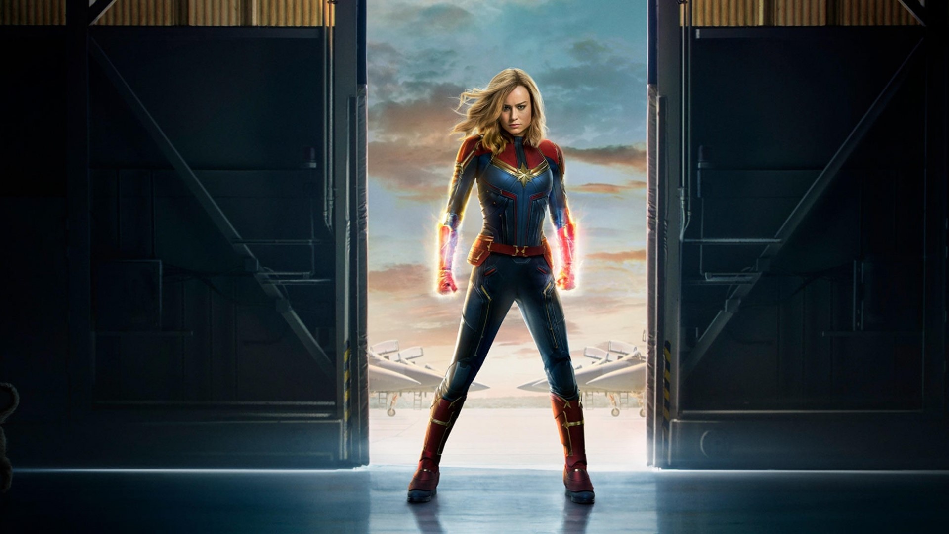 Captain Marvel in a Hangar HD Wallpaper