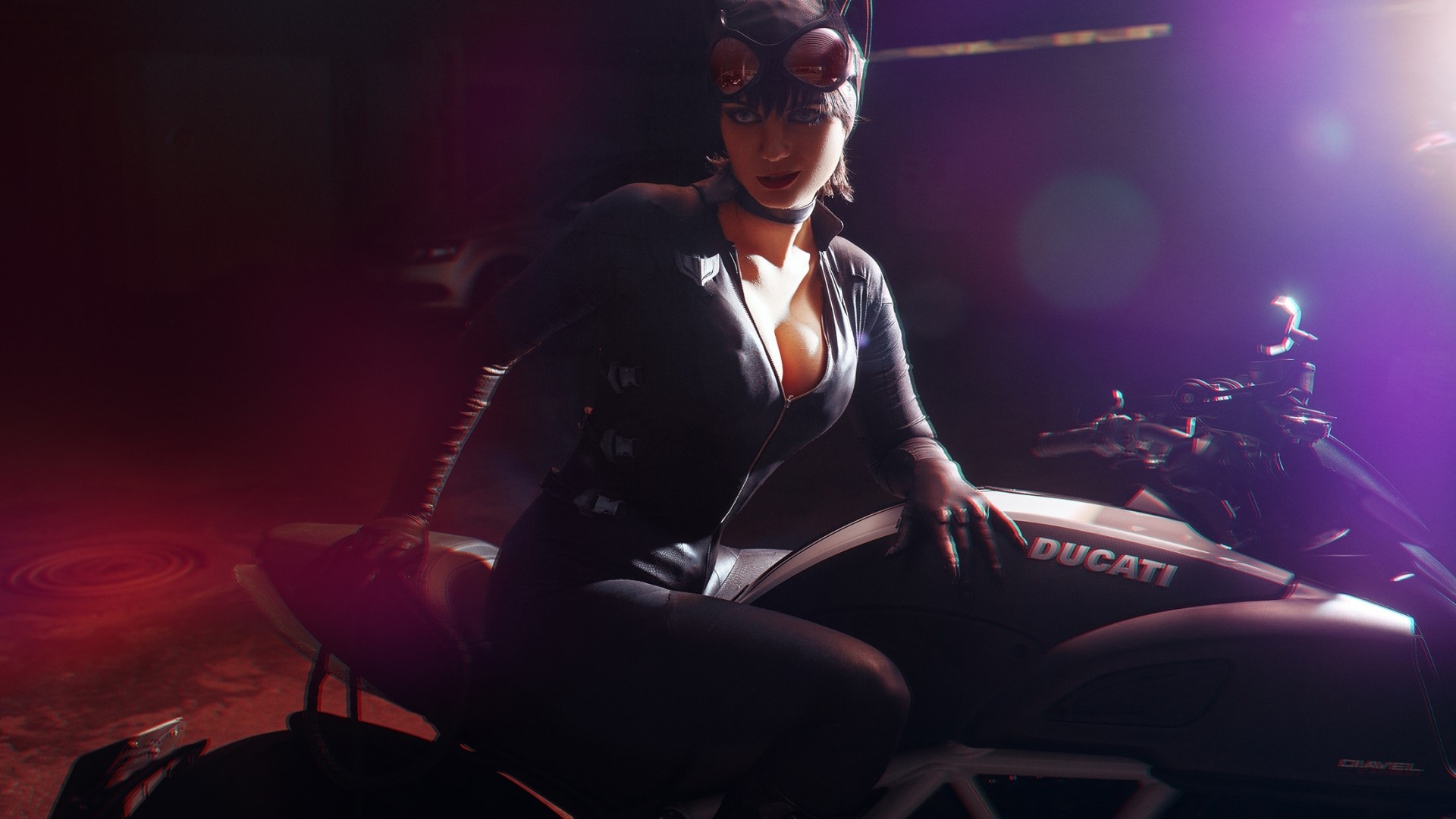 Catwoman on a Ducati motorcycle HD Wallpaper