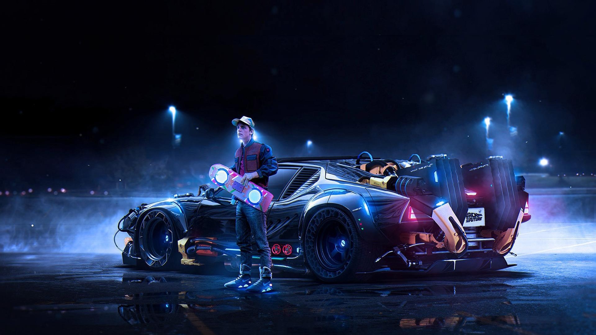 Marty McFly with Hoverboard and DeLorean HD Wallpaper