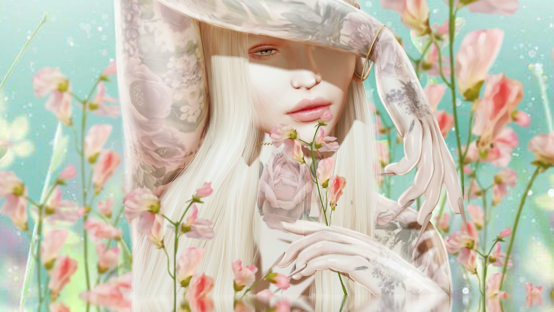 Fantasy girl with tattoos and flowers HD Wallpaper