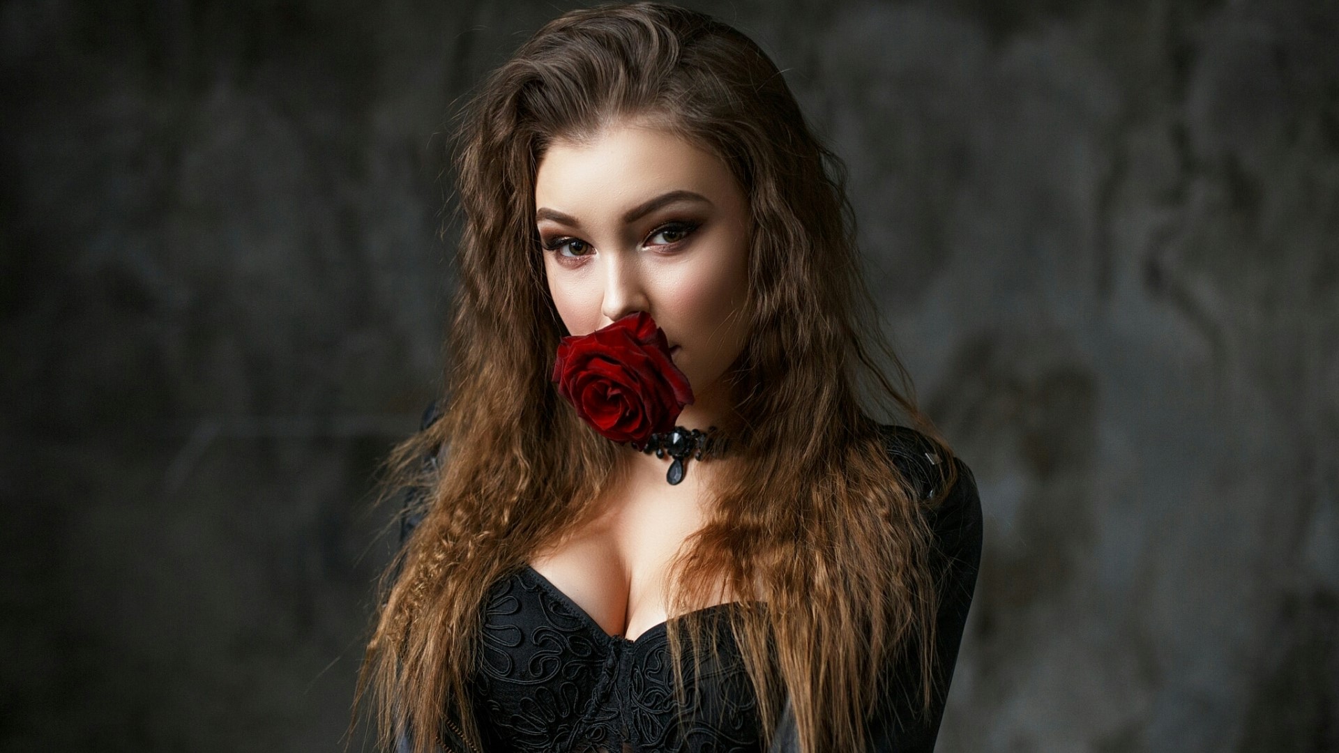 Woman with red rose and black corset HD Wallpaper