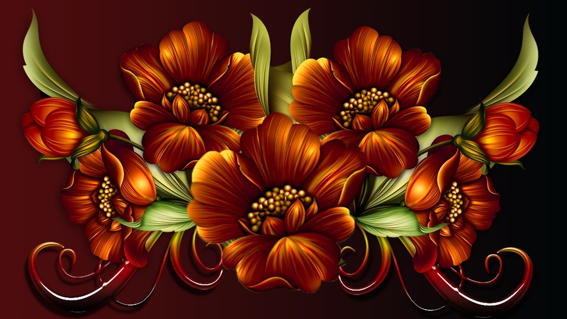 Digital Art of Red and Orange Flowers with Green Leaves HD Wallpaper
