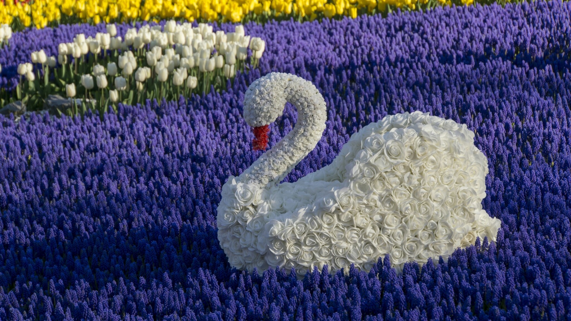 Swan sculpture in a flower bed HD Wallpaper