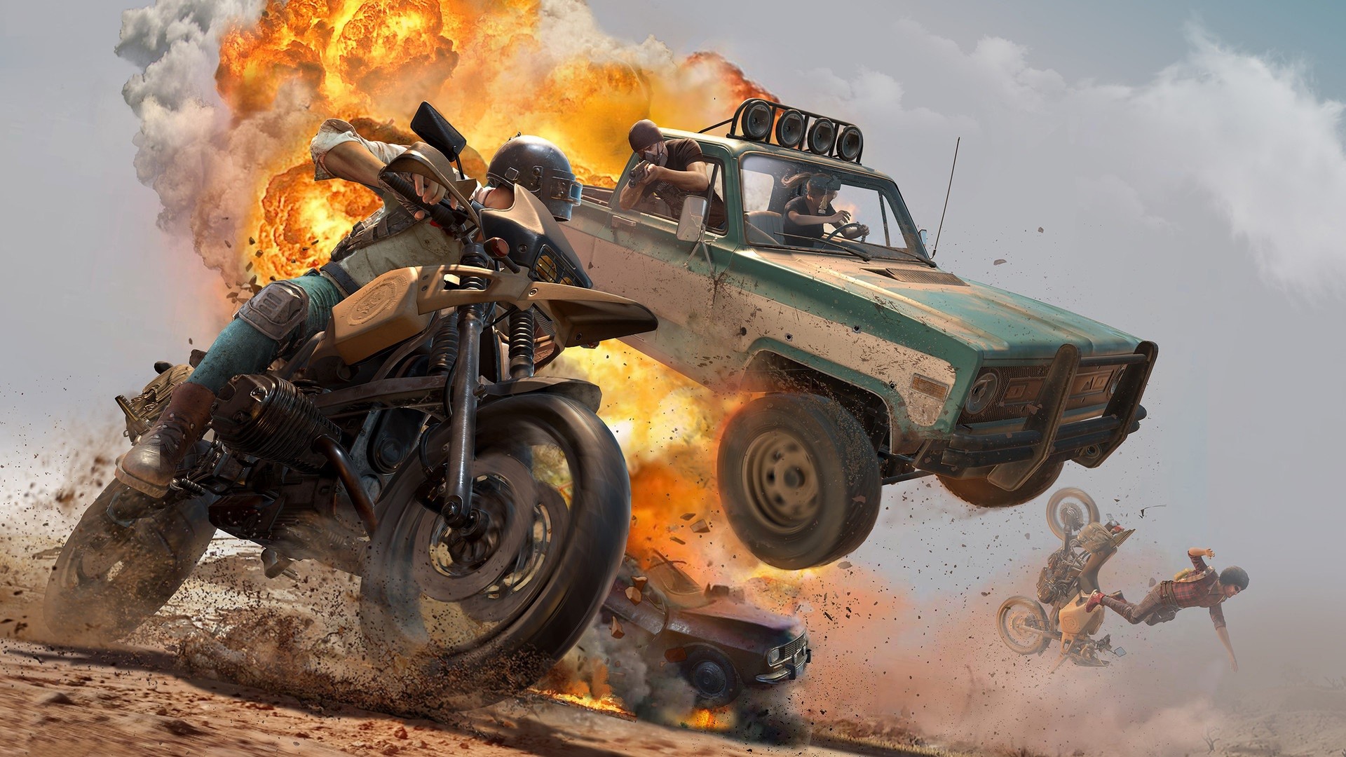 PlayerUnknowns Battlegrounds motorcycle and truck explosion HD Wallpaper