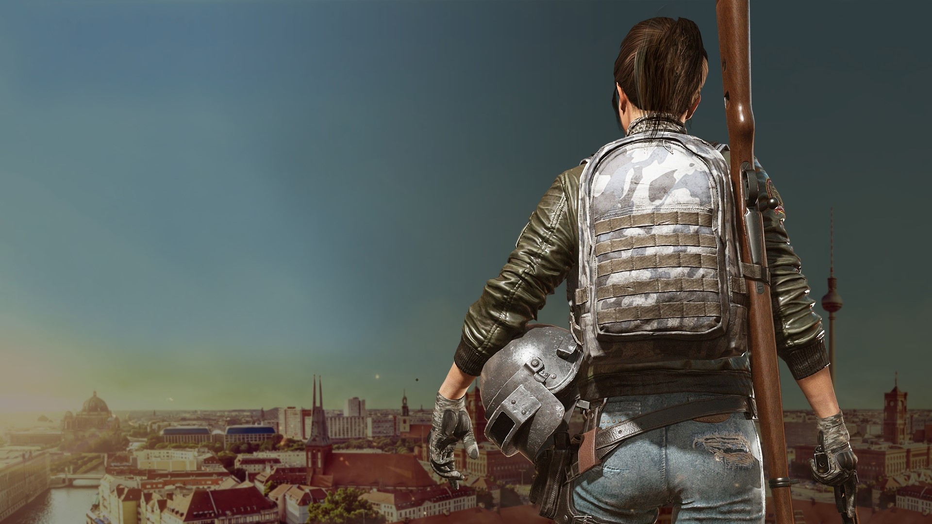 PlayerUnknown's Battlegrounds character with rifle overlooking city HD Wallpaper