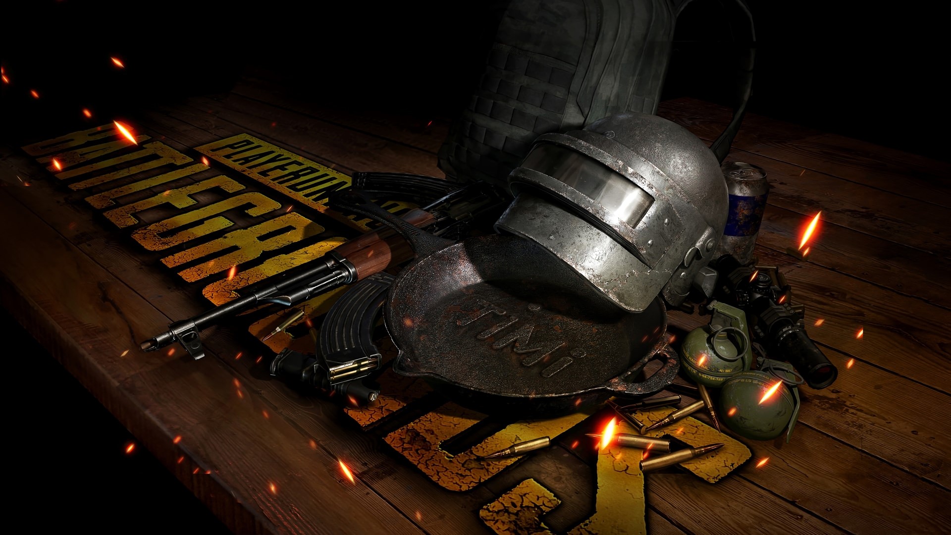PlayerUnknown's Battlegrounds items on wooden table HD Wallpaper