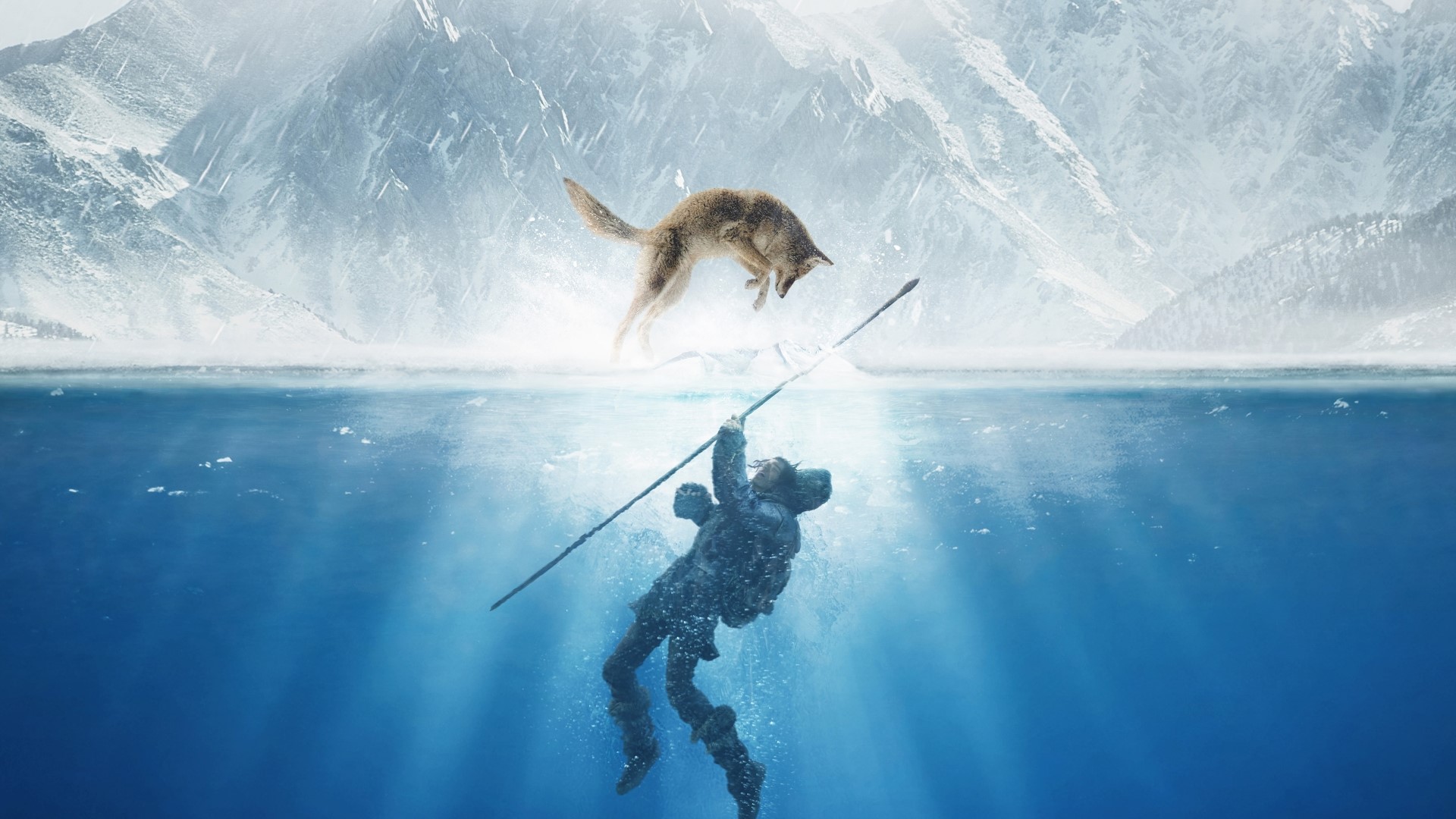 Man and wolf in icy water with mountains HD Wallpaper