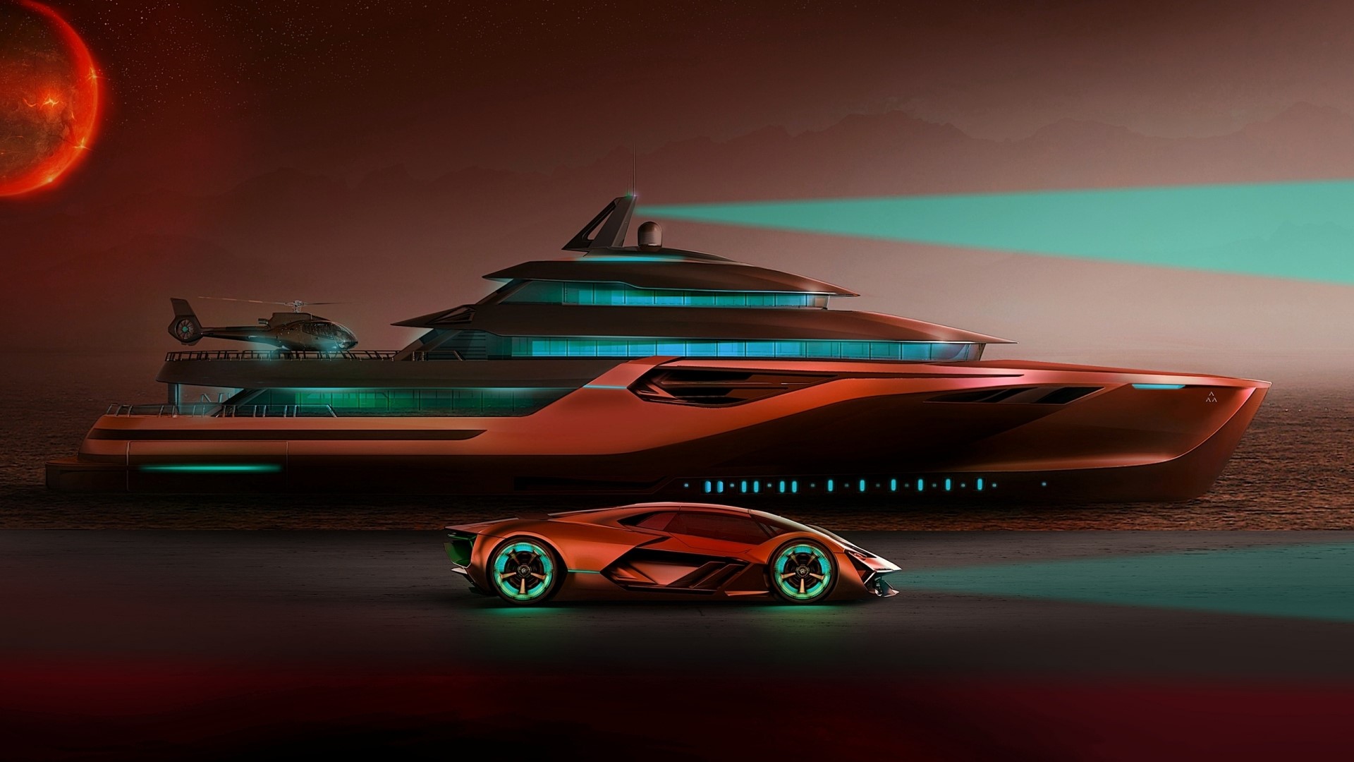 Futuristic Supercar and Yacht with Helicopter HD Wallpaper