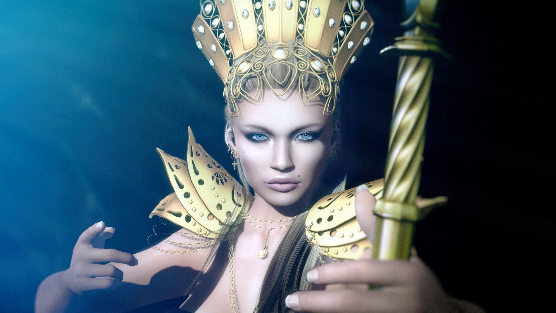 Fantasy woman in golden crown and armor holding staff HD Wallpaper