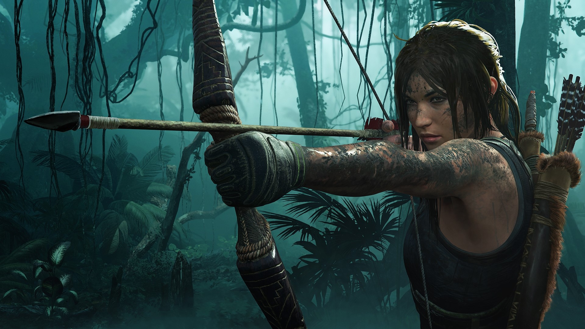 Lara Croft from Shadow of the Tomb Raider aiming a bow HD Wallpaper